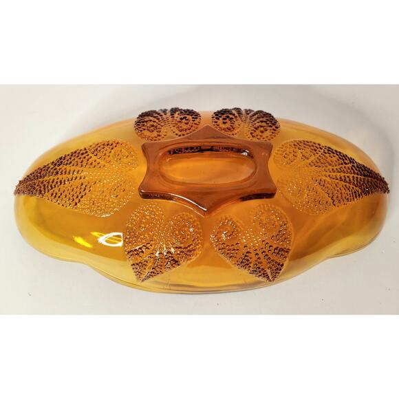 Vintage Amber Pressed Glass Oval Serving Dish Retro Textured Leaf Pattern Bowl - Picture 5 of 7